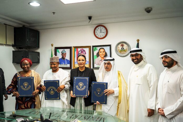 Nigeria, Kuwait Fund Partner L-R 1. Permanent Secretary Federal Ministry of Finance Mrs Lydia Shehu Jafiya mni 2. The Executive Governor of Kaduna State, Senator Uba Sani CON 3. The Honourable Minister of State for Finance Dr Doris Uzoka-Anite, CFA 4. The Director General Kuwait Fund for Arab Economic Development Dr Wahid Al-Bahar and 5. The Permanent Secretary Special Duties of the Federal Ministry of Finance Mr Raymond Omenka Omachi, in a group photograph shortly after the signing of the concessional loan agreement between Kaduna State and Kuwait Fund for Arab Economic Development held at the Federal Ministry of Finance, Abuja Nigeria, today