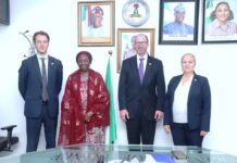 L-R 1. Mr Benjamin Grunnet, Economic Officer 2. Mrs Lydia Shehu Jafiya mni, Permanent Secretary Federal Ministry of Finance 3. H.E Rick Swart, U.S Consul General to Nigeria and 4. Christine Harbaugh, Economic Counselor
