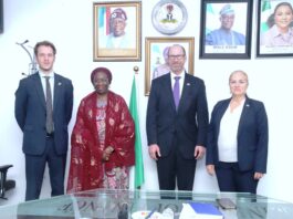 L-R 1. Mr Benjamin Grunnet, Economic Officer 2. Mrs Lydia Shehu Jafiya mni, Permanent Secretary Federal Ministry of Finance 3. H.E Rick Swart, U.S Consul General to Nigeria and 4. Christine Harbaugh, Economic Counselor