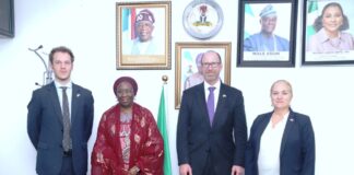 L-R 1. Mr Benjamin Grunnet, Economic Officer 2. Mrs Lydia Shehu Jafiya mni, Permanent Secretary Federal Ministry of Finance 3. H.E Rick Swart, U.S Consul General to Nigeria and 4. Christine Harbaugh, Economic Counselor
