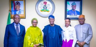 L-R 1. The Permanent Secretary Special Duties Federal Ministry of Finance Mr Raymond Omenka Omachi 2. The Executive. Director for Angola, Nigeria and South Africa (ANSA) Constituency at the World Bank, Mrs Zainab Shamsuna Ahmed 3. The Honourable Minister of Finance and Coordinating Minister of the Economy Mr Wale Edun. 4. The Special Adviser to the President on Finance and Economy Mrs Sayande Okoli and 5. Director, International Economic Relations (IER-FMF), Federal Ministry of Finance Mr George Stanley, in a group photograph shortly after the meeting with the ED, at the Ministry’s Headquarters, Abuja, weekend.