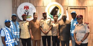 Managing Director/CEO, FERMA, Engr. Emeka Agbasi, PhD, FNSE (4th Right), to his left is the FCT Sector Commander FRSC, CC Felix N. Theman and his team during the visit