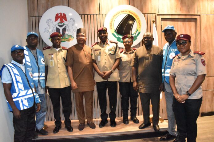 Pix 3 Managing Director/CEO, FERMA, Engr. Emeka Agbasi, PhD, FNSE (4th Right), to his left is the FCT Sector Commander FRSC, CC Felix N. Theman and his team during the visit