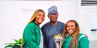 The Chairman National Sports Commission, Mallam Shehu Dikko flanked to the right is the D Tigress Coach, Rena Wakama and to his left, the team Captain, Arny Okonkwo during the presentation of the trophy at the presidential Villa, Abuja recently.