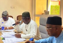 L-R: Hon. Nathaniel Adojutelegan, Federal Commissioner Ondo State; Hon. Mohammed Kabeer Usman, Federal Commissioner Gombe State and Chairman of Remuneration and Monetisation Committee, RMAFC; and Dr. Tanimu Adamu Aliyu, Director Fiscal Efficiency RMAFC and Secretary to the Committee at the RMAFC Retreat in Kano for the Harmonisation of Reports of the Reviewed Remuneration Package for Public Office Holders