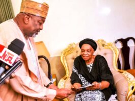 L-R, the Minister of Agriculture and Food Security, Sen Abubakar Kyari and Mrs. Justina Obehi Ogbeh during the condolence visit in Abuja.