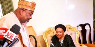 L-R, the Minister of Agriculture and Food Security, Sen Abubakar Kyari and Mrs. Justina Obehi Ogbeh during the condolence visit in Abuja.