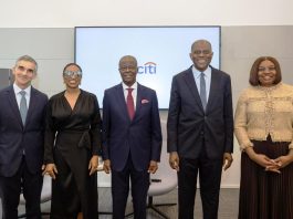 L-R 1. Marcelo Marangon, President of Banco Citibank S.A. (Brazil) 2. Dr. Jumoke Oduwole, Honourable Minister of Trade, Industry and Investment, Nigeria 3. Mr. Wale Edun, Honourable Minister of Finance and Coordinating Minister of the Economy, Nigeria 4. Mr. Olayemi Cardoso, Governor of the Central Bank of Nigeria and 5. Mrs. Nneka Enwereji, Managing Director/Chief Executive Officer of Citibank Nigeria Limited and Citi Country Officer for Nigeria and Ghana, pictured at Citi shortly after the Business Roundtable