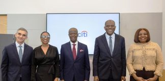 L-R 1. Marcelo Marangon, President of Banco Citibank S.A. (Brazil) 2. Dr. Jumoke Oduwole, Honourable Minister of Trade, Industry and Investment, Nigeria 3. Mr. Wale Edun, Honourable Minister of Finance and Coordinating Minister of the Economy, Nigeria 4. Mr. Olayemi Cardoso, Governor of the Central Bank of Nigeria and 5. Mrs. Nneka Enwereji, Managing Director/Chief Executive Officer of Citibank Nigeria Limited and Citi Country Officer for Nigeria and Ghana, pictured at Citi shortly after the Business Roundtable