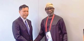 Honourable Minister of Solid Minerals Development, Dr.Dele Alake in a warm handshake with President, Japan Organisation for Metals and Energy Security, Mr.Michio Daito after the talks in Yokohama, Japan...recently.