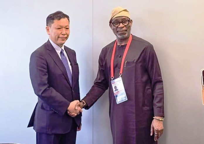 TICAD 9 Honourable Minister of Solid Minerals Development, Dr.Dele Alake in a warm handshake with President, Japan Organisation for Metals and Energy Security, Mr.Michio Daito after the talks in Yokohama, Japan...recently.