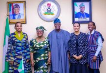 L-R 1. The Honourable Minister of Trade and Investment, Dr Jumoke Oduwole 2. Director General World Trade Organization (WTO) Dr Ngozi Okonjo-Iweala 3. The Honourable Minister of Finance and Coordinating Minister of the Economy Mr Wale Edun 4. The Honourable Minister of State for Finance Dr Doris Uzoka-Anite and 5. Special Adviser to the President on Finance and Economy Mrs Sayande Okoli in a group photograph shortly after the WTO Chief's visit to the Honourable Minister of Finance and Coordinating Minister of the Economy Mr Wale Edun today in his office in Abuja