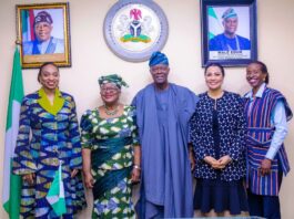 L-R 1. The Honourable Minister of Trade and Investment, Dr Jumoke Oduwole 2. Director General World Trade Organization (WTO) Dr Ngozi Okonjo-Iweala 3. The Honourable Minister of Finance and Coordinating Minister of the Economy Mr Wale Edun 4. The Honourable Minister of State for Finance Dr Doris Uzoka-Anite and 5. Special Adviser to the President on Finance and Economy Mrs Sayande Okoli in a group photograph shortly after the WTO Chief's visit to the Honourable Minister of Finance and Coordinating Minister of the Economy Mr Wale Edun today in his office in Abuja