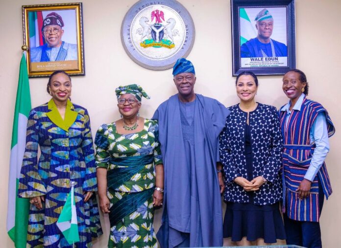 WTO Chief and Finance Minister L-R 1. The Honourable Minister of Trade and Investment, Dr Jumoke Oduwole 2. Director General World Trade Organization (WTO) Dr Ngozi Okonjo-Iweala 3. The Honourable Minister of Finance and Coordinating Minister of the Economy Mr Wale Edun 4. The Honourable Minister of State for Finance Dr Doris Uzoka-Anite and 5. Special Adviser to the President on Finance and Economy Mrs Sayande Okoli in a group photograph shortly after the WTO Chief's visit to the Honourable Minister of Finance and Coordinating Minister of the Economy Mr Wale Edun today in his office in Abuja