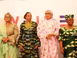 Wife of the Vice President, Hajia Nana Kashim Shettima (2nd right),he DG WTO, Dr. Ngozi Okonjo-Iweala, (1st right), Hon. Min. Trade & Investment, FMITI, Dr. Jumoke Oduwole,(2nd left), and the Hon. Min. Women Affairs, Imaan Sulaiman-Ibrahim (1st left), in a group photograph during the WTO'S WEIDE Launch in Abuja on Thursday 14th August 2025.