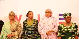 Wife of the Vice President, Hajia Nana Kashim Shettima (2nd right),he DG WTO, Dr. Ngozi Okonjo-Iweala, (1st right), Hon. Min. Trade & Investment, FMITI, Dr. Jumoke Oduwole,(2nd left), and the Hon. Min. Women Affairs, Imaan Sulaiman-Ibrahim (1st left), in a group photograph during the WTO'S WEIDE Launch in Abuja on Thursday 14th August 2025.