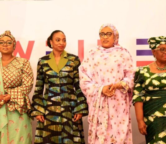 Wife of the Vice President, Hajia Nana Kashim Shettima (2nd right),he DG WTO, Dr. Ngozi Okonjo-Iweala, (1st right), Hon. Min. Trade & Investment, FMITI, Dr. Jumoke Oduwole,(2nd left), and the Hon. Min. Women Affairs, Imaan Sulaiman-Ibrahim (1st left), in a group photograph during the WTO'S WEIDE Launch in Abuja on Thursday 14th August 2025.