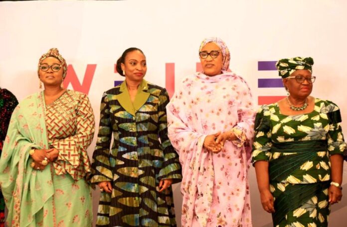 Wife of the Vice President, Hajia Nana Kashim Shettima (2nd right),he DG WTO, Dr. Ngozi Okonjo-Iweala, (1st right), Hon. Min. Trade & Investment, FMITI, Dr. Jumoke Oduwole,(2nd left), and the Hon. Min. Women Affairs, Imaan Sulaiman-Ibrahim (1st left), in a group photograph during the WTO'S WEIDE Launch in Abuja on Thursday 14th August 2025.