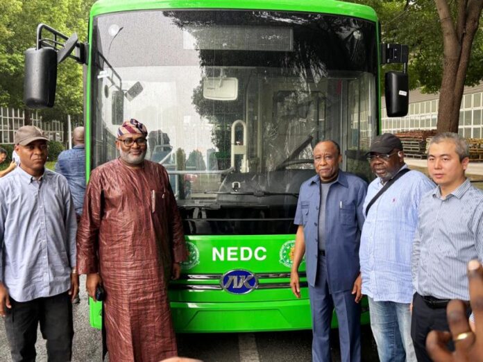 Working Visit to China26 The Hon. Minister of State for Regional Development His Excellency, Uba Maigari Ahmadu ( 4th right) in a group photograph with Managing Director of NEDC, Mohammed G Alkali, Management and Some Board Members of the Commission during his visit to Ankai Automobile Co. Ltd. in Hefei, Anhui Province, China, to assess the progress on the manufacturing of e-buses procured by the North East Development Commission (NEDC) for mass transportation in the North East region.