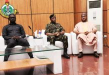 First from left is Honourable Minister of Youth Development, Comrade Ayodele Olawande represented President Bola Tinubu, at Middle is Rear Admiral Jo Okosun, NDC Commandant, right is Zamfara State Governor, Mallam Dauda Lawal at the Conference in Abuja