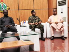 First from left is Honourable Minister of Youth Development, Comrade Ayodele Olawande represented President Bola Tinubu, at Middle is Rear Admiral Jo Okosun, NDC Commandant, right is Zamfara State Governor, Mallam Dauda Lawal at the Conference in Abuja