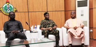 First from left is Honourable Minister of Youth Development, Comrade Ayodele Olawande represented President Bola Tinubu, at Middle is Rear Admiral Jo Okosun, NDC Commandant, right is Zamfara State Governor, Mallam Dauda Lawal at the Conference in Abuja
