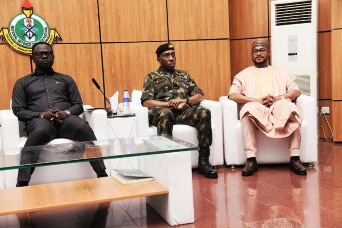 Youth Development Partners National Defence College First from left is Honourable Minister of Youth Development, Comrade Ayodele Olawande represented President Bola Tinubu, at Middle is Rear Admiral Jo Okosun, NDC Commandant, right is Zamfara State Governor, Mallam Dauda Lawal at the Conference in Abuja