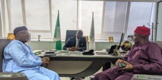 Director-General, Bureau of Public Procurement (BPP), Dr. Adebowale A. Adedokun, FCIPS, ACFE, discussing with the COREN President (L) Engr. Prof Sadiq Z. Abubakar, FNSE, FAEng, and COREN Registrar (R) Engr. Prof O.A.U Uche, FNSE at the DGs office during a courtesy visit to BPP