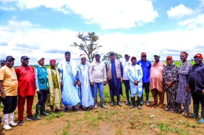 The Nasarawa State Governor Abdullahi Sule and Minister of Agriculture and Food Security, Sen Abubakar Kyari, during the visit to Jangwa Rice Farm