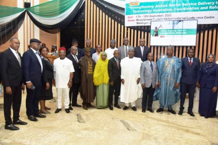 His Excellency, Governor of Borno State, Prof. Babagana Umara Zulum and the Honourable Attorney General of the Federation and Minister of Justice, Lateef Fagbemi SAN in a group Photograph with Heads of Agencies and other dignitaries during the opening ceremony of the 2025 Justice Sector Leadership Retreat holding from 17th - 18th September, 2025 at the International Conference Centre, Musa Usman Secretariat, Maiduguri, Borno State.