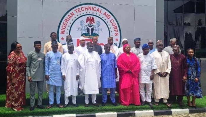 NTAC DG, Rt.Hon.Yusuf Buba Yakub (m) and the Directors of Administration and Programmes, Ambassador Yakubu Abdullahi Ahmed and Ambassador Usman Zakari are here flanked on both sides by members of Management and staff of NTAC as the Agency marked the 2nd Year Anniversary of the DG's Assumption of Office at the Agency on Friday, September 26, 2025 in Abuja.