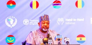 Minister of Agriculture and Food Security,Sen Abubakar Kyari during the Hand-in-Hand Initiative forum in Abuja.