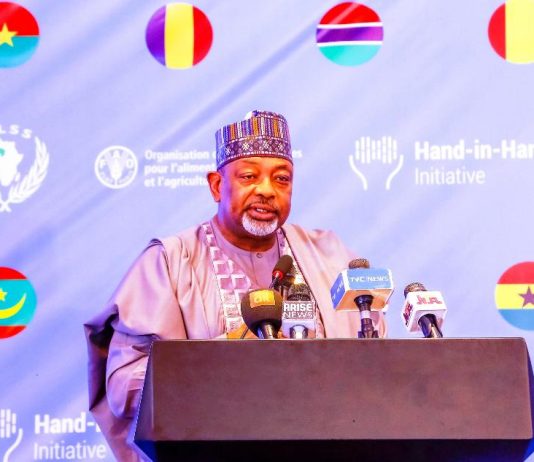 Minister of Agriculture and Food Security,Sen Abubakar Kyari during the Hand-in-Hand Initiative forum in Abuja.