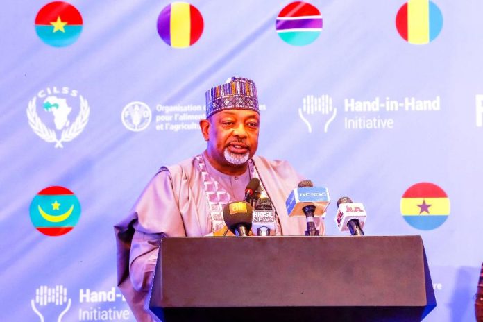Minister of Agriculture and Food Security,Sen Abubakar Kyari during the Hand-in-Hand Initiative forum in Abuja.