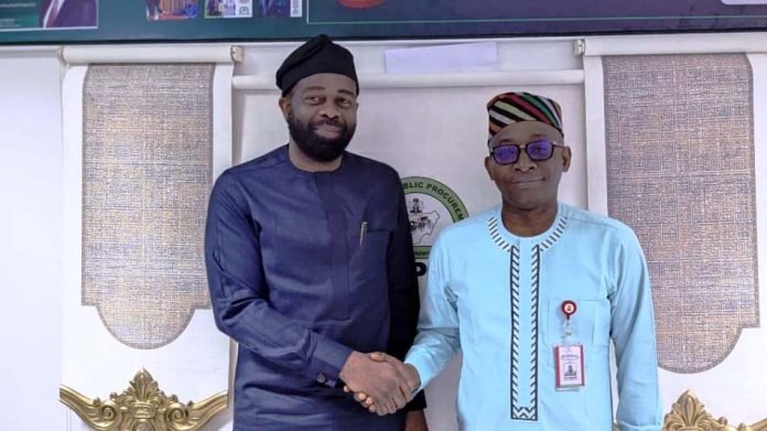 BPP Hosts National Health Insurance Authority (NHIA) R-L: Director-General, Bureau of Public Procurement (BPP), Dr. Adebowale A. Adedokun, FCIPS, ACFE, and Director-General and Chief Executive Officer (CEO), National Health Insurance Authority (NHIA), Dr. Kelechi Ohiri exchanged pleasantries after a courtesy visit at BPP’s office in Abuja