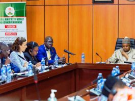 The Hon. Minister of Budget and Economic Planning (FMBEP) Sen. Abubakar Atiku Bagudu listens with rapt attention as the Leader of Senegalese delegation from the Ministry of Health and Social Action Dr. Abibou Ndiaye states his mission to the Ministry today.