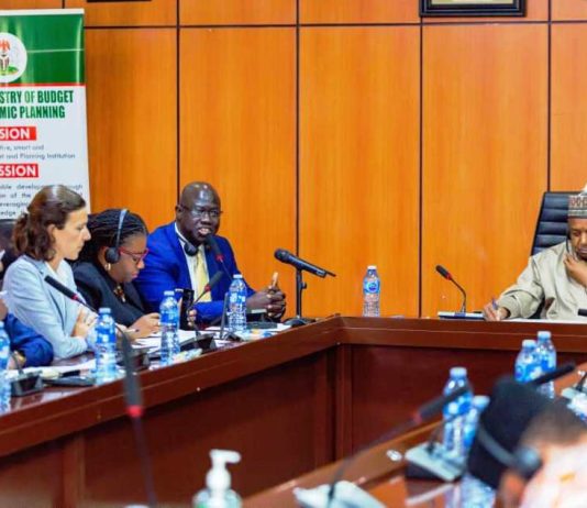 The Hon. Minister of Budget and Economic Planning (FMBEP) Sen. Abubakar Atiku Bagudu listens with rapt attention as the Leader of Senegalese delegation from the Ministry of Health and Social Action Dr. Abibou Ndiaye states his mission to the Ministry today.
