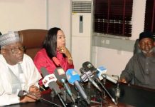 Minister of Labour and Employment, Muhammad Maigari Dingyadi (right); Minister of State for Labour and Employment, Nkeiruka Onyejeocha (centre); Managing Director, Dangote Group, Sayyu Dantata, at the conciliation meeting between NUPENG and the Dangote Group -- Abuja