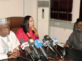Minister of Labour and Employment, Muhammad Maigari Dingyadi (right); Minister of State for Labour and Employment, Nkeiruka Onyejeocha (centre); Managing Director, Dangote Group, Sayyu Dantata, at the conciliation meeting between NUPENG and the Dangote Group -- Abuja