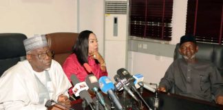 Minister of Labour and Employment, Muhammad Maigari Dingyadi (right); Minister of State for Labour and Employment, Nkeiruka Onyejeocha (centre); Managing Director, Dangote Group, Sayyu Dantata, at the conciliation meeting between NUPENG and the Dangote Group -- Abuja