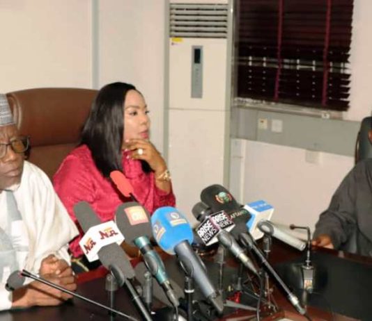 Minister of Labour and Employment, Muhammad Maigari Dingyadi (right); Minister of State for Labour and Employment, Nkeiruka Onyejeocha (centre); Managing Director, Dangote Group, Sayyu Dantata, at the conciliation meeting between NUPENG and the Dangote Group -- Abuja