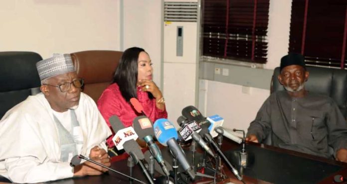 Minister of Labour and Employment, Muhammad Maigari Dingyadi (right); Minister of State for Labour and Employment, Nkeiruka Onyejeocha (centre); Managing Director, Dangote Group, Sayyu Dantata, at the conciliation meeting between NUPENG and the Dangote Group -- Abuja