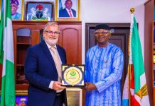 The Honourable Minister of Water Resources and Sanitation, Engr. Prof. Joseph Terlumun Utsev (R), today in Abuja received the Hungarian Ambassador to Nigeria, His Excellency Loránd Endreffy (L), on a courtesy visit to his office.