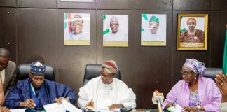 Left to Right: His Excellency The Executive Governor of Gombe State, Alhaji Mohammed Inuwa Yahaya CON; The Honourable Minister of State for Health & Social Welfare Dr. Iziaq Adekunle Salako and, The Permanent Secretary FMoHSW, Daju Kachollom mni