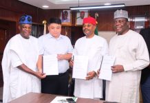 Hon. Minister of Innovation, Science and Technology (FMIST), Chief Uche Geoffrey Nnaji (2nd right) GM, Shanghai Haiqi Industrial Company Limited of China, Mr. Bakai Shai (2nd left) DG, NABRDA, Prof. Abdullahi Mustapha (right) Consultant, Dr. Madisca Haruna (left)