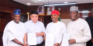 Hon. Minister of Innovation, Science and Technology (FMIST), Chief Uche Geoffrey Nnaji (2nd right) GM, Shanghai Haiqi Industrial Company Limited of China, Mr. Bakai Shai (2nd left) DG, NABRDA, Prof. Abdullahi Mustapha (right) Consultant, Dr. Madisca Haruna (left)