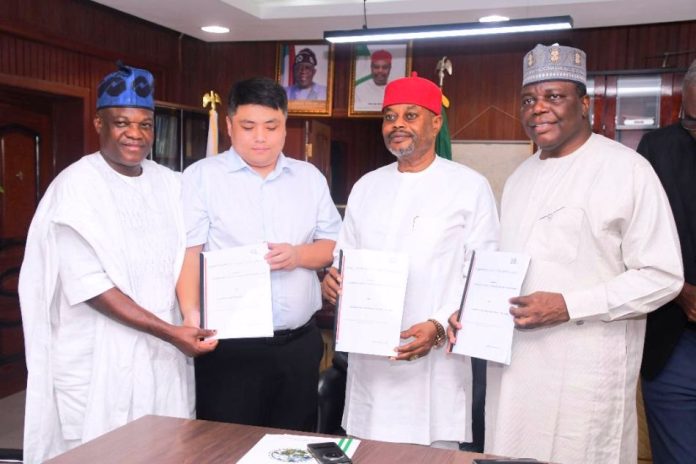 FG SIGNS MoA Hon. Minister of Innovation, Science and Technology (FMIST), Chief Uche Geoffrey Nnaji (2nd right) GM, Shanghai Haiqi Industrial Company Limited of China, Mr. Bakai Shai (2nd left) DG, NABRDA, Prof. Abdullahi Mustapha (right) Consultant, Dr. Madisca Haruna (left)