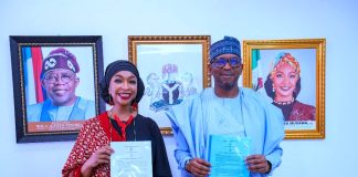The Honourable Minister of Art, Culture, Tourism and the Creative Economy, Barr. Hannatu Musa Musawa, and the Chairman of the National Sports Commission, Hon. Shehu Dikko, at the signing of Memorandum of Understanding to strengthen collaboration between both institutions, 4th September 2025.