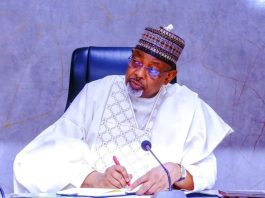 The Minister of Agriculture and Food Security,Sen Abubakar Kyari, during the courtesy visit by the Niger Foods Delegation
