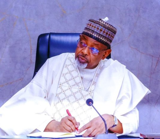 The Minister of Agriculture and Food Security,Sen Abubakar Kyari, during the courtesy visit by the Niger Foods Delegation